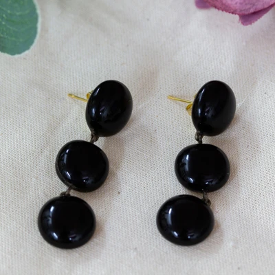 Gold-accented fused glass dangle earrings, 'Black Trio' - Fused Glass Dangle Earrings with Black Triple Round Drops