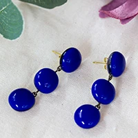 Gold-accented fused glass dangle earrings, 'Royal Blue Trio' - Blue Triple-Drop Gold-Accented Fused Glass Dangle Earrings
