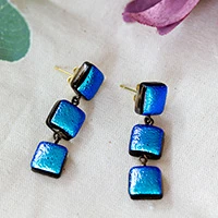 Gold-accented dichroic glass dangle earrings, 'Divine Trio' - Square-Themed Gold-Accented Dichroic Glass Earrings in Blue
