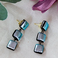 Gold-accented dichroic glass dangle earrings, 'Stylish Trio' - Silver-Hued Gold-Accented Dichroic Glass Square Earrings