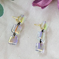 Gold-accented dichroic glass dangle earrings, 'Shimmery Trio' - Iridescent Dichroic Glass Earrings with Triple Square Drops