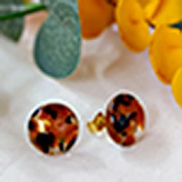 Gold-accented fused glass mosaic button earrings, 'Brown Textures' - Gold-Accented Fused Glass Mosaic Button Earrings in Brown
