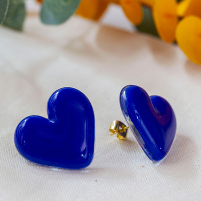 Gold-accented fused glass button earrings, 'My Lapis Love' - Fused Glass 18k Gold-Accented Heart Button Earrings in Blue