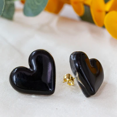 Gold-accented fused glass button earrings, 'My Midnight Love' - Black Heart-Themed Gold-Accented Fused Glass Button Earrings