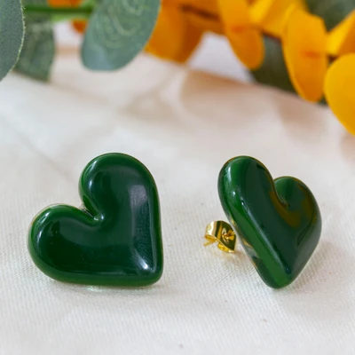 Gold-accented fused glass button earrings, 'My Jade Green Love' - Green Heart Fused Glass Button Earrings with Gold Plating