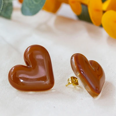 Gold-accented fused glass button earrings, 'My Caramel Love' - Fused Glass 18k Gold-Accented Heart Button Earrings in Brown