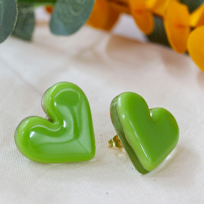 Gold-accented fused glass button earrings, 'My Spring Green Love' - Fused Glass 18k Gold-Accented Green Heart Button Earrings