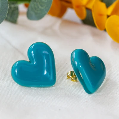 Gold-accented fused glass button earrings, 'My Teal Love' - Teal Heart-Shaped Fused Glass Gold-Accented Button Earrings