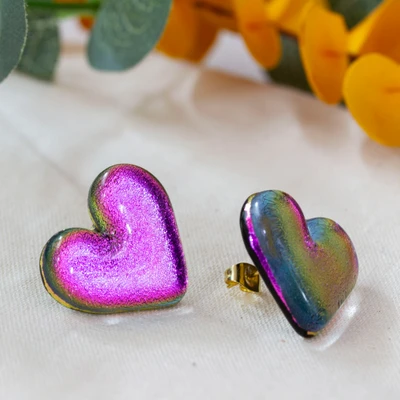 Gold-accented dichroic glass button earrings, 'Heart of Fuchsia' - Heart-Shaped Dichroic Glass Gold-Accented Button Earrings