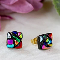 Gold-accented dichroic glass mosaic stud earrings, 'Colorful Fusion' - Colorful Gold-Accented Dichroic Glass Mosaic Stud Earrings