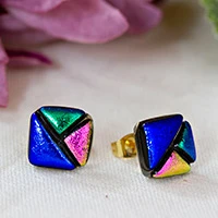 Gold-accented dichroic glass mosaic stud earrings, 'Geometric Fusion' - Geometric Gold-Accented Dichroic Glass Mosaic Stud Earrings