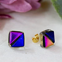 Gold-accented dichroic glass mosaic stud earrings, 'Triangular Fusion' - Square Triangle-Themed Dichroic Glass Mosaic Stud Earrings