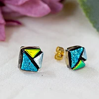 Gold-accented dichroic glass mosaic stud earrings, 'Modern Fusion' - Modern 18k Gold-Accented Dichroic Glass Mosaic Stud Earrings