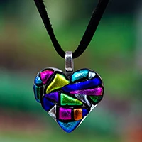 Dichroic glass mosaic pendant necklace, 'Heart of Rainbow' - Colorful Heart-Shaped Dichroic Glass Mosaic Pendant Necklace