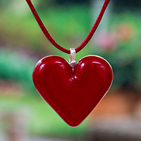 Fused glass pendant necklace, 'My Scarlet Love' - Handcrafted Adjustable Fused Glass Heart Pendant Necklace