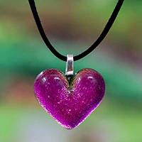 Dichroic glass pendant necklace, 'Heart of Fuchsia' - Heart-Themed Dichroic Glass Pendant Necklace in Fuchsia
