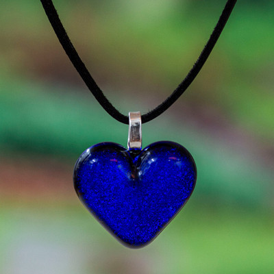 Dichroic glass pendant necklace, 'Heart of Royal Blue' - Heart-Shaped Dichroic Glass Pendant Necklace in Royal Blue