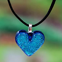 Dichroic glass pendant necklace, 'Heart of Azure' - Metallic Blue Heart-Themed Dichroic Glass Pendant Necklace