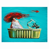 Giclee print on canvas, 'Mermaid Dream' - Surrealist Modern Print of a Girl in a Tin Can with Goldfish