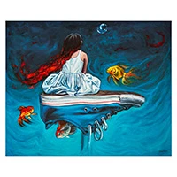 Giclee print on canvas, 'Water Ride' - Girl Sitting on a Tennis Shoe with Goldfish Surrealist Print