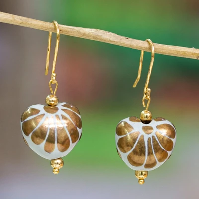 Gold-accented ceramic dangle earrings, 'Golden Affection' - 10k Gold-Accented Heart-Inspired Ceramic Dangle Earrings