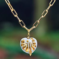 Gold-accented ceramic pendant necklace, 'Heartfelt Caress' - Romantic Talavera-Inspired Gold-Accented Pendant Necklace