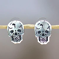 Sterling silver button earrings, 'Underworld Façade' - Gothic-Inspired Skull-Themed Sterling Silver Button Earrings