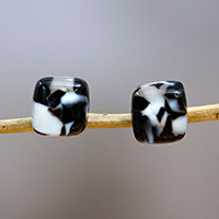 Art glass button earrings, 'Prime Fusion' - Modern Art Glass Button Earrings in Black and White Hues