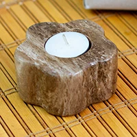 Marble tealight candleholder, 'Marble Spring' - Spring-Inspired Floral Brown Marble Tealight Candleholder