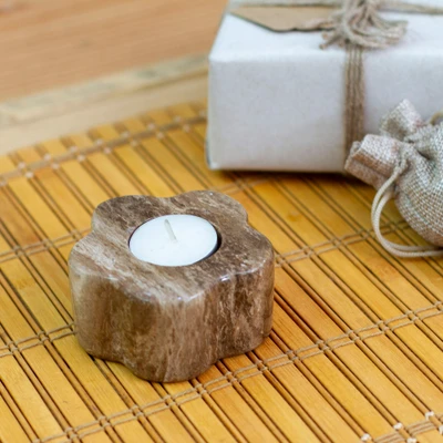 Marble tealight candleholder, 'Marble Spring' - Spring-Inspired Floral Brown Marble Tealight Candleholder
