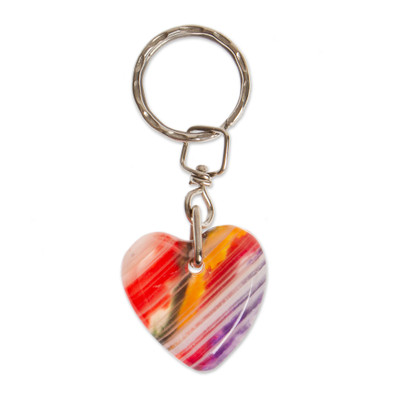 Onyx keychain, 'Lovely Everyday' - Carved Natural Onyx Heart-Shaped Keychain in Multicolor Hues