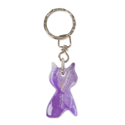 Onyx keychain, 'Feline Purple' - Hand-Carved Cat-Shaped Natural Onyx Keychain in Purple Hues