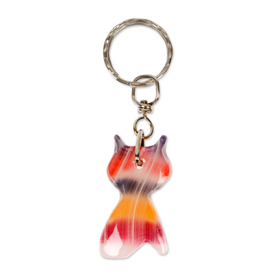 Onyx keychain, 'Feline Everyday' - Artisan-Made Natural Onyx Cat Keychain in Multicolor Hues