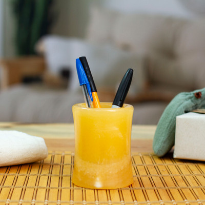 Onyx pencil holder, 'Pineapple Works' - Modern Tropical-Inspired Carved Pineapple Onyx Pencil Holder