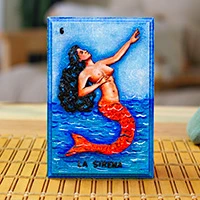 Decoupage wood wall art, 'Loteria Mermaid' - Mexican-Inspired Handmade Decoupage Loteria Mermaid Wall Art