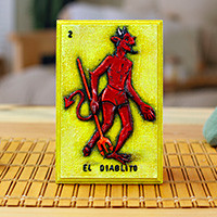 Decoupage wood wall art, 'Loteria Devil' - Hand-Carved Traditional Decoupage Loteria Devil Wall Art