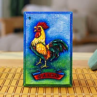 Decoupage wood wall art, 'Loteria Rooster' - Artisan-Made Decoupage Loteria Rooster Pinewood Wall Art