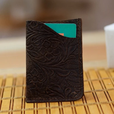 Leather card wallet, 'Vertical Floral Pass' - Brown Leather Card Wallet with Embossed Floral Motifs