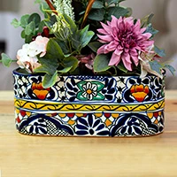 Ceramic flower pot, 'Cobalt Flowers' - Handcrafted and Painted Talavera Style Ceramic Flower Pot