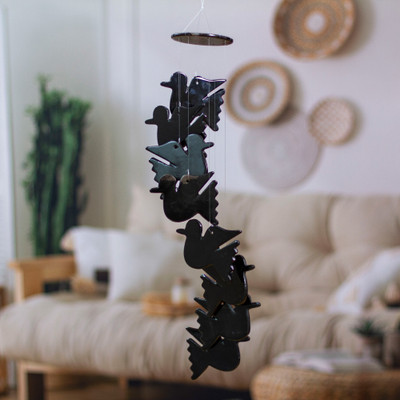 Onyx mobile, 'Feathers to Midnight' - Whimsical Hand-Carved Natural Black Onyx Dove-Themed Mobile