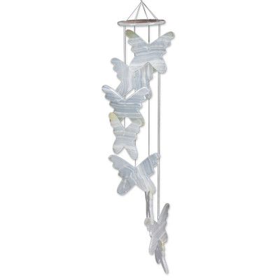Onyx mobile, 'Dawn Butterflies' - Butterfly-Themed Artisan-Made White Onyx Mobile from Mexico