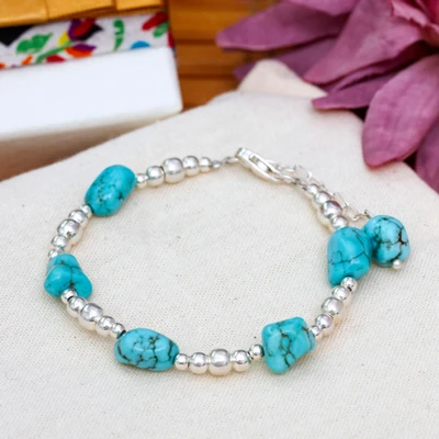 Turquoise beaded station bracelet, 'Exquisite Aqua' - Taxco Silver Natural Turquoise Beaded Station Bracelet
