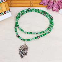 Aventurine beaded long pendant necklace, 'Verdant Leaf' - Aventurine Taxco Silver Leaf Choker and Pendant Necklace
