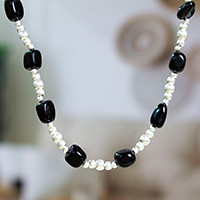 Onyx beaded station necklace, 'Exquisite Black' - Taxco Silver Beaded Station Necklace with Natural Black Onyx