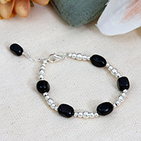 Onyx beaded station bracelet, 'Exquisite Black' - Taxco Silver Beaded Station Bracelet with Black Onyx Stones