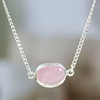 Rose quartz choker pendant necklace, 'Chic and Sweet' - Taxco Silver Pendant Necklace with Rose Quartz Gemstone