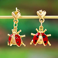 Gold-plated dangle earrings, 'Glorious Ladybug' - Polished 14k Gold-Plated Ladybug-Themed Dangle Earrings