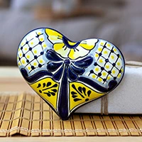 Ceramic wall sculpture, 'Talavera Heart' - Heart-Shaped Talavera Folk Art Style Ceramic Wall Sculpture