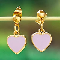 Gold-plated dangle earrings, 'Lilac Amour' - Enamel 14k Gold-Plated Copper Lilac Heart Dangle Earrings