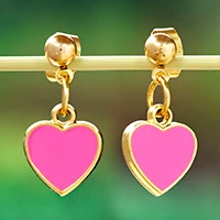 Gold-plated dangle earrings, 'Capricious Amour' - Romantic 14k Gold-Plated Heart Dangle Earrings in Fuchsia